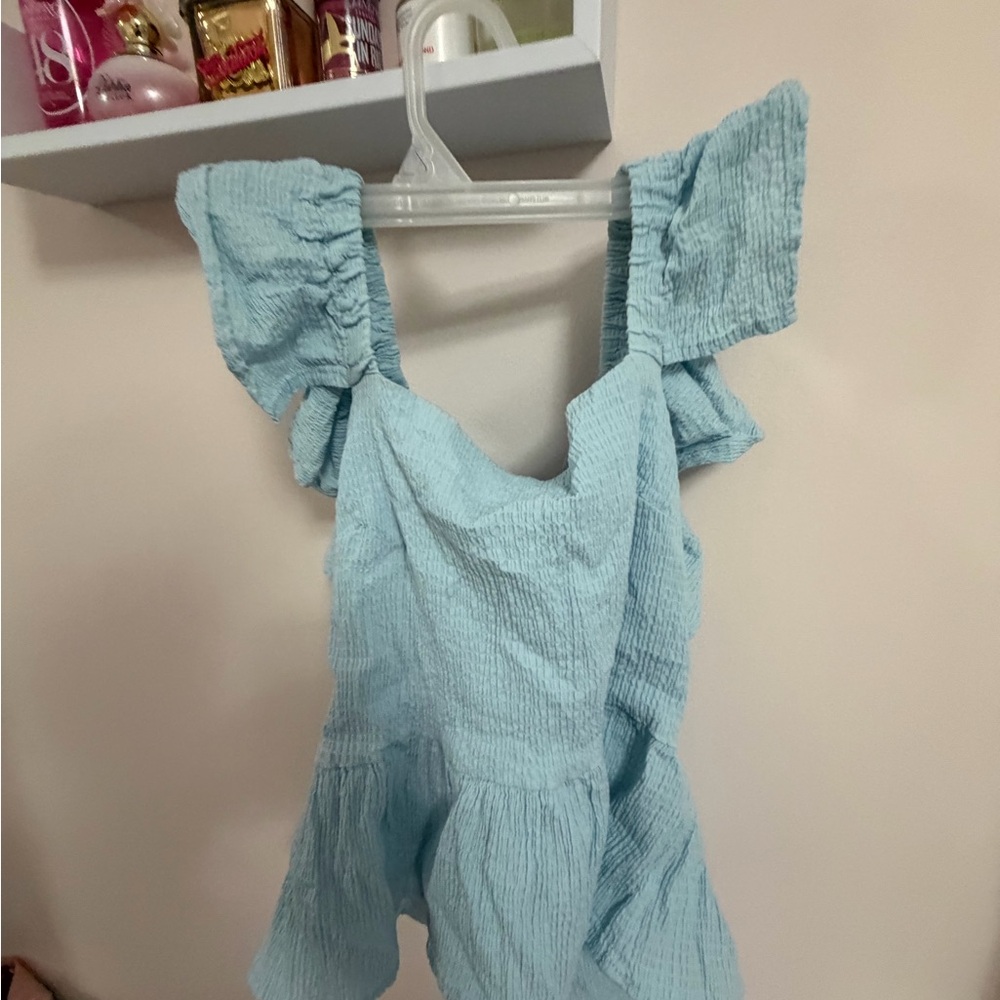 Light Blue Ruffle Sleeve Women's Top